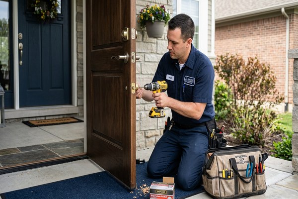 New lock installation -- locksmith installing deadbolt on door